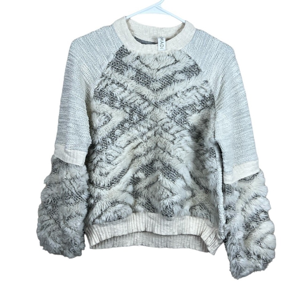 Amadi Anthropologie Womens Texture-Stitched Faux Fur‎ Moroccan Sweatshirt Top XS